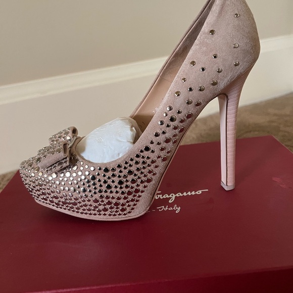Salvatore Ferragamo Shoes - Salvatore Ferragamo Blush Pink Crystal-Stud Suede Platform Pump